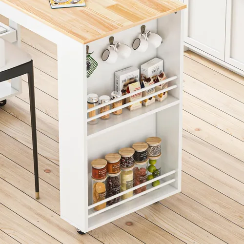 Miniatura 8 de Isla de cocina de 77.8 pulgadas con mesa extensible, isla de cocina rodante con armario de almacenamiento, cajones, estante para especias, toallero