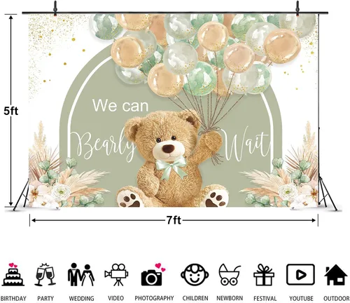 Miniatura 3 de Telón de fondo de oso para baby shower, 7 pulgadas de ancho x 5 pulgadas de alto, con texto en inglés «We Can Bearly Wait» con globos verdes