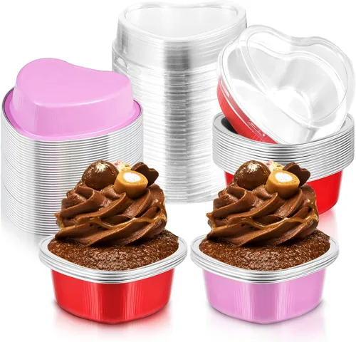 Miniatura 9 de Cunhill 60 juegos de moldes para pasteles en forma de corazón con tapas, 3.4 onzas líquidas, papel de aluminio, mini moldes desechables para blanco