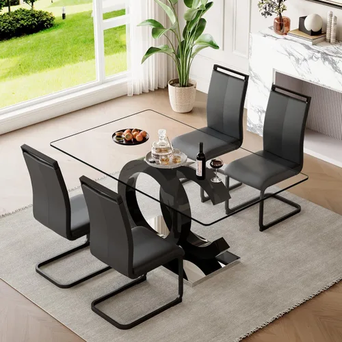Miniatura 13 de gopop Mesa de comedor de cristal de 63 pulgadas, mesa de cocina moderna, mesa de comedor de vidrio transparente con patas de diseño único negro