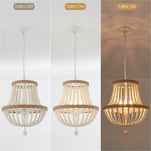 Miniatura 6 de Lámpara de araña bohemia de 3 luces de granja, luz colgante de cuentas de madera, lámpara colgante rústica antigua para cocina, isla, pasillo, Blanco