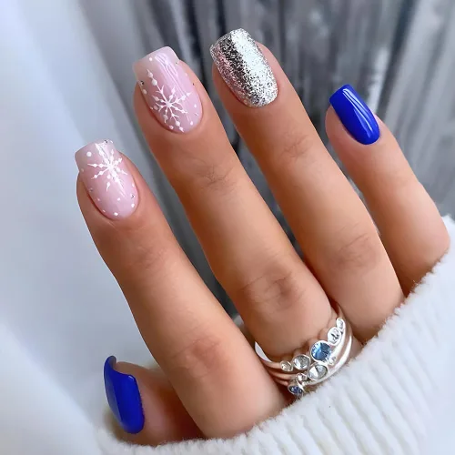 Miniatura 8 de Uñas postizas a presión con copos de nieve, uñas postizas cuadradas cortas de Navidad, uñas acrílicas negras con purpurina, kit de uñas postizas
