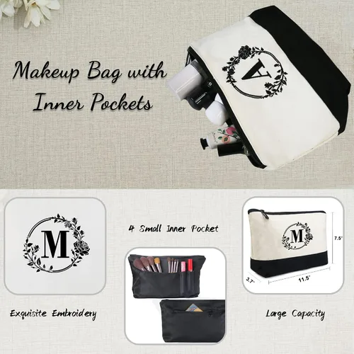 Miniatura 3 de BeeGreen Bolsa de lona con inicial con bolsa de maquillaje, bolsa de playa, regalo de dama de honor para despedida de soltera, regalos de cumpleaños