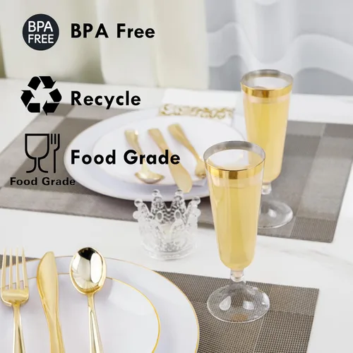 Miniatura 9 de Liacere 175 piezas de platos de plástico blanco y dorado - El juego dorado incluye 50 platos de plástico, 25 tenedores, 25 cucharas, 25 cuchillos