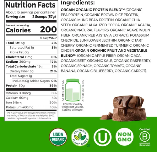 Miniatura 2 de Orgain - Polvo de proteína vegano orgánico de 30g, chocolate con 9g de EAA + BCAA, proteína vegetal, 6g de prebiótico + fibra, 1g de azúcar