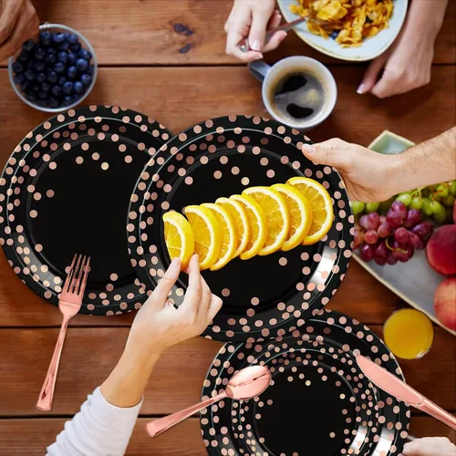 Miniatura 5 de 175 piezas de suministros de fiesta de color negro y oro rosa, lunares de oro rosa en platos de papel negro, servilletas y vasos, juegos de vajilla