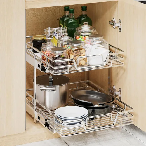 Miniatura 6 de Organizador de armario de cocina extraíble de 2 niveles, organizador de estantes y cajones, cesta de almacenamiento de despensa deslizable