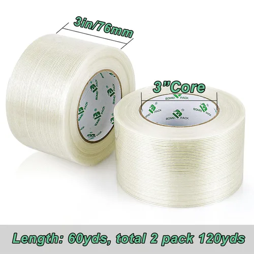 Miniatura 2 de BOMEI PACK Cinta de fleje de 3 pulgadas, cinta de embalaje reforzada con fibra resistente, 60 yardas 5.9 mil, total 120 yardas