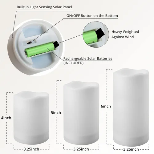 Miniatura 5 de NURADA Velas solares grandes para exteriores, juego de velas recargables impermeables sin llama, resina blanca, luz LED, batería solar recargable