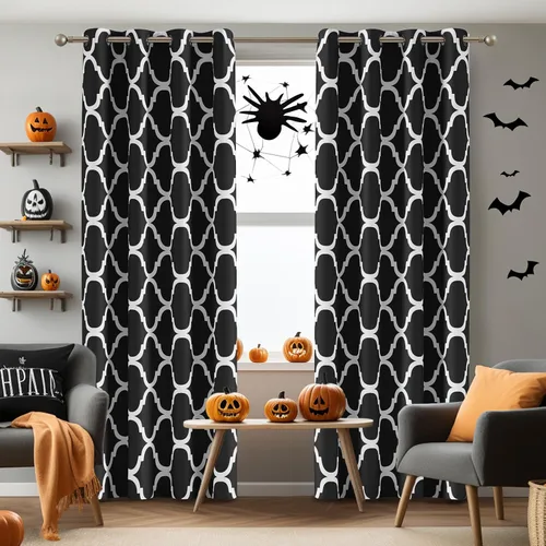 Miniatura 13 de Melodieux - Cortinas opacas estilo marroquí con aislamiento térmico y ojales para oscurecer sala de estar, 2 paneles. Blanco hueso/verde azulado