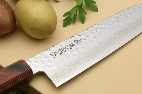 Miniatura 4 de Yoshihiro VG-10 Cuchillo de chef japonés multiusos de Damasco Santoku de 46 capas (mango de palisandro de 7 pulgadas)