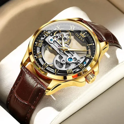 Miniatura 8 de OLEVS Relojes de esqueleto para hombre, automático, mecánico, de lujo, de cuero, impermeable, luminoso, reloj de pulsera para hombre
