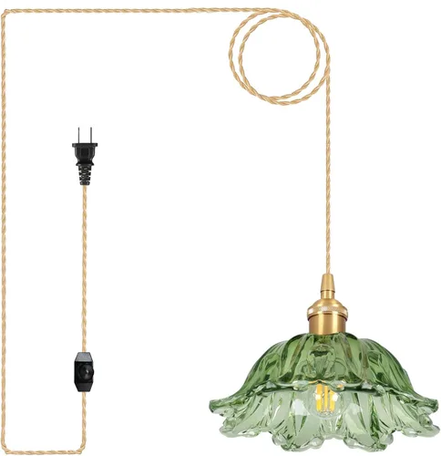 Miniatura 27 de Luces Colgantes para Isla de Cocina, Luz Colgante de Cristal Verde Accesorios de Iluminación Vintage, 9.4 pulgadas E26 Acabado Lámpara Colgante