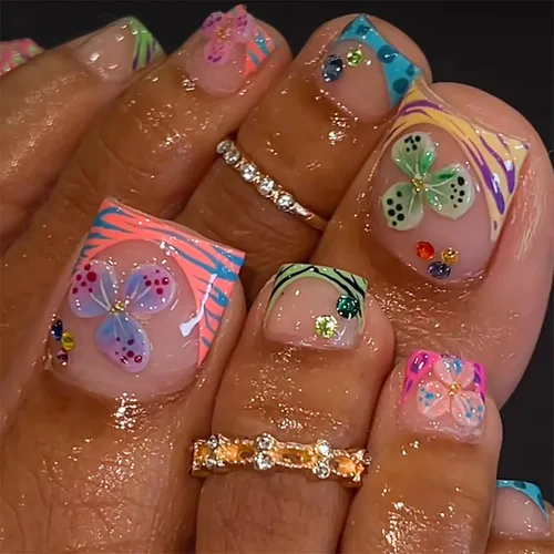 Miniatura 10 de Uñas postizas cuadradas a presión, uñas cortas MABKJLF blancas francesas de los pies, uñas postizas de verano brillantes con diamantes de imitación