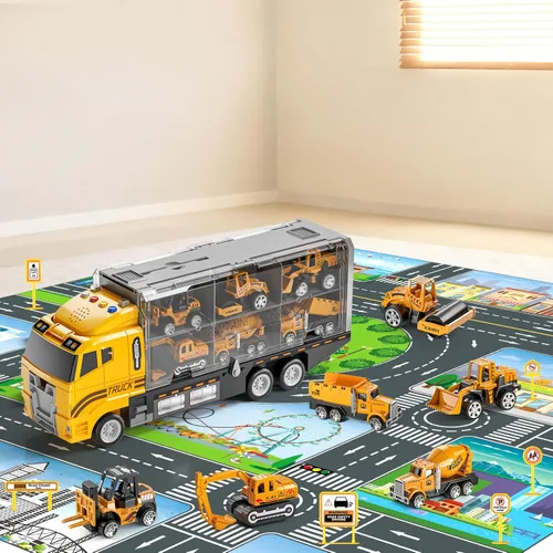 Miniatura 2 de NIPLOOOW - Juego de vehículos de construcción para niños, camión de juguete con alfombra de juego y coche de juguete fundido a presión