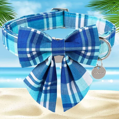 Miniatura 3 de DOGWONG Collar de perro de algodón a cuadros azules, collar de algodón para perro con lazo, lindo collar de perro para perros pequeños, medianos