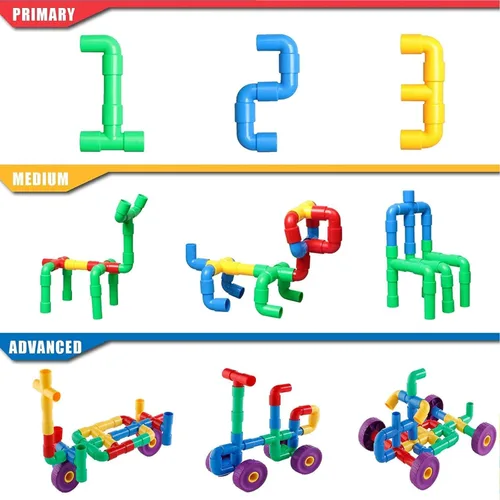 Miniatura 6 de ZOZOPLAY STEM - Juego de 64 piezas de tubos tubulares de aprendizaje, boquillas, juntas para construir bicicleta, tanque, scootie, habilidades