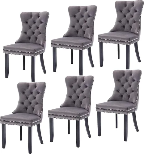 Miniatura 18 de Juego de 6 sillas de comedor modernas para sala de estar, cocina, patas de madera maciza, cojín acolchado de tela de lino, asiento y respaldo