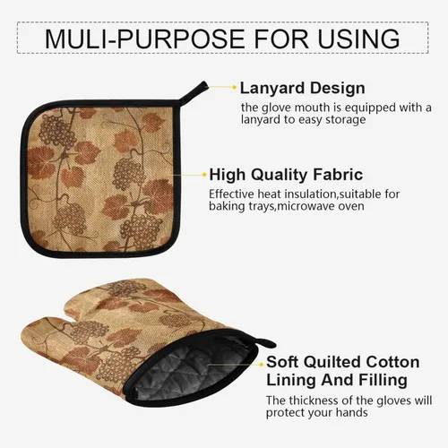 Miniatura 3 de Manoplas y manoplas de horno con textura retro, hojas de uva, antideslizantes, resistentes al calor, juego de manoplas para horno y soportes