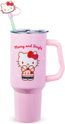 Miniatura 30 de Silver Buffalo - Vaso de acero inoxidable Sanrio Hello Kitty con flores de primavera y verano y rayas arcoíris, con asa y popote, compatible