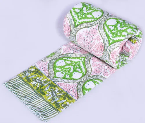 Miniatura 2 de Colcha Kantha de algodón con estampado de bloques de mano india, tamaño individual, 90 x 60 pulgadas