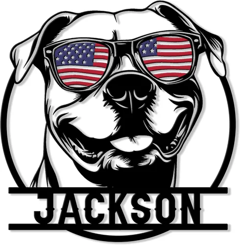 Miniatura 16 de Letrero de metal personalizado con diseño de perro Pitbull, bandera de Estados Unidos, letrero colgante para porche al aire libre, bienvenida