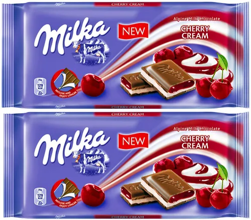 2 barras de chocolate con leche alpino Milka Alpine crema de vainilla y cereza