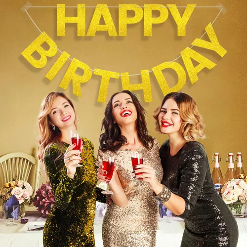 Miniatura 7 de Cartel de feliz cumpleaños – Cartel de fondo preencordado de 9 pies para mujeres, hombres, niñas, niños, decoraciones de cumpleaños con purpurina