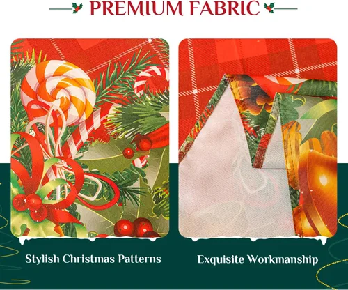 Miniatura 5 de Softalker Mantel rectangular navideño - Rojo tartán a cuadros impreso con campanas de Navidad y caramelos, manteles de poliéster lavables de tela
