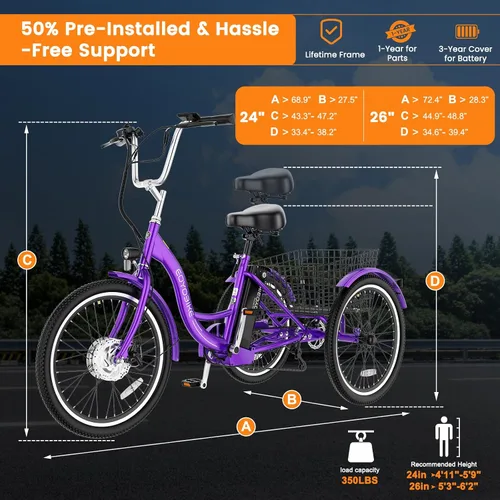 Miniatura 5 de MOPHOTO Triciclo eléctrico para adultos y personas mayores, E-Trike de 3 ruedas de 24/26 pulgadas con batería extraíble de 36 V motor de 350 W