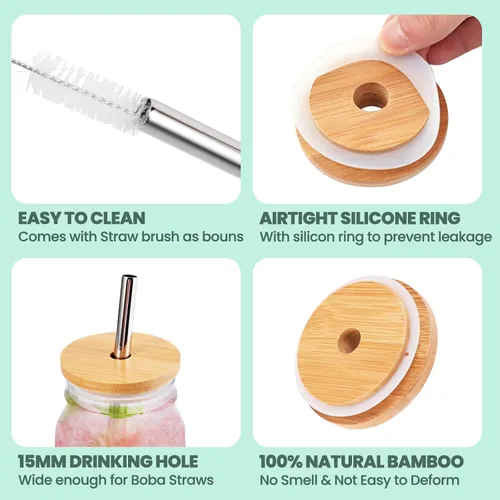 Miniatura 2 de Paquete de 3 tapas de bambú de boca regular con agujero para popote y popote compatible con tarro Mason, tapas de madera para tarros de boca regular