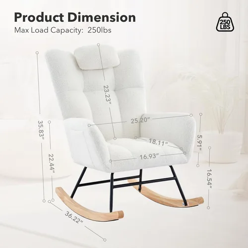 Miniatura 2 de Mecedora tapizada para guardería, asiento acolchado con respaldo alto, moderno sillón reclinable para sala de estar, dormitorio, lectura acogedora