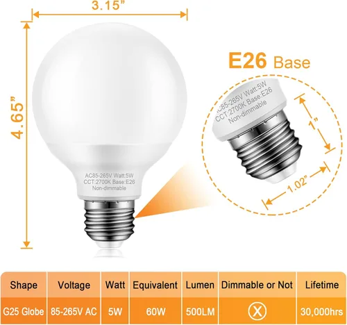 Miniatura 2 de Paquete de 4 bombillas de baño de color blanco cálido, equivalente a 60 vatios, base media E26, bombillas LED G25 para tocador de baño, bombilla