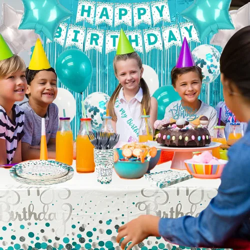 Miniatura 6 de ssailue decor Suministros de fiesta de cumpleaños azul turquesa para 20 invitados: platos, vasos, servilletas, globos, pancarta, banda, adorno