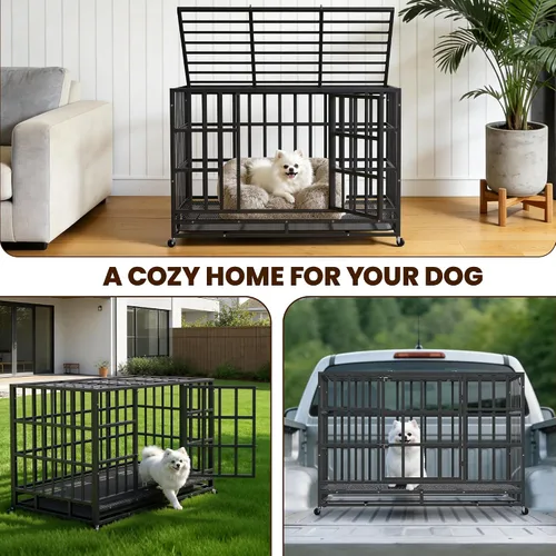 Miniatura 6 de Jaula para Perros Indestructible de Servicio Pesado de 38 pulgadas con Bandejas Removibles, Puerta Doble a Prueba de Escape para Perros con Alta