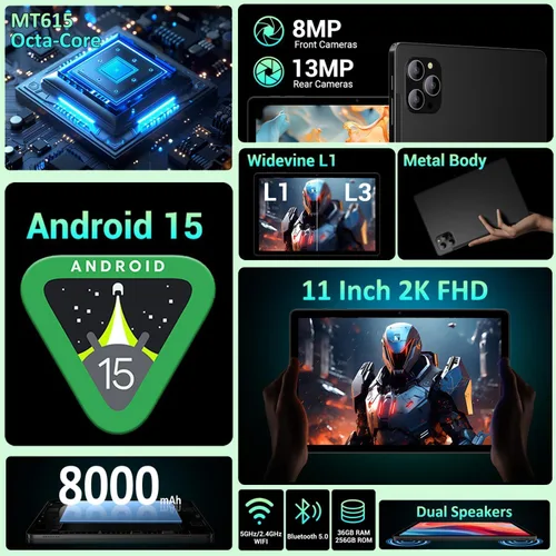 Miniatura 3 de Tableta, tabletas de 11 pulgadas, tableta Android 15 con teclado y ratón, T615 Octa-Core, 36 GB de RAM +256 GB ROM, Gemini AI, 8000 mAh, Widevine