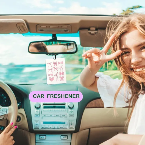 Miniatura 3 de Ambientador de coche Cute Coquette con lazo rosa, ambientador de bola de discoteca Preppy Y2K con tarjeta de acetato de cereza, ambientador colgante