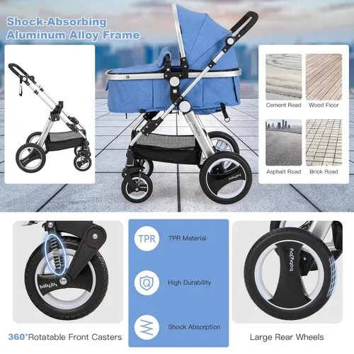 Miniatura 5 de BABY JOY Cochecito de bebé, cochecito reclinable convertible 2 en 1, cochecito plegable con arnés de 5 puntos, incluye soporte para tazas, funda Azul