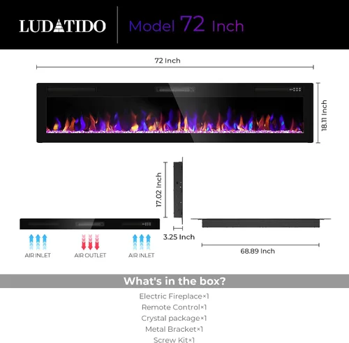 Miniatura 2 de Ludatido Chimenea eléctrica de 72 pulgadas montada en la pared/empotrada, inserto de chimenea eléctrica con 51000BTU para habitación de 410 pies