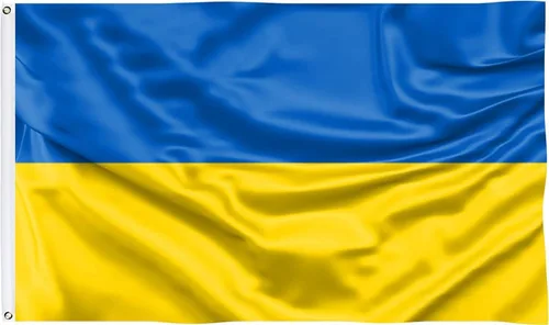 MBBEST Bandera de Ucrania de 3 x 5 pies, tela de poliéster de doble costura con 2 ojales de latón, banderas de bandera ucraniana para decoración de