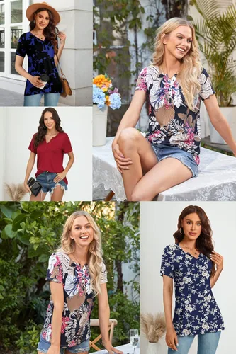 Miniatura 5 de CATHY Camisas elegantes de manga corta para mujer, estilo casual, con botones, cuello en V, holgadas