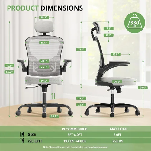 Miniatura 2 de Silla de Oficina Ergonómica para Escritorio, Capacidad de 330 LBS, Silla de Computadora con Respaldo Alto para Largas Horas Cómoda, Silla Ejecutiva