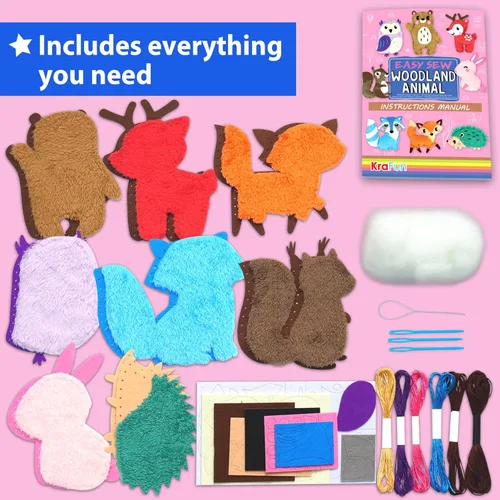 Miniatura 2 de KRAFUN Kit de costura fácil para principiantes, niños, artes y manualidades, 8 proyectos de bricolaje de muñecas de peluche de animales del bosque