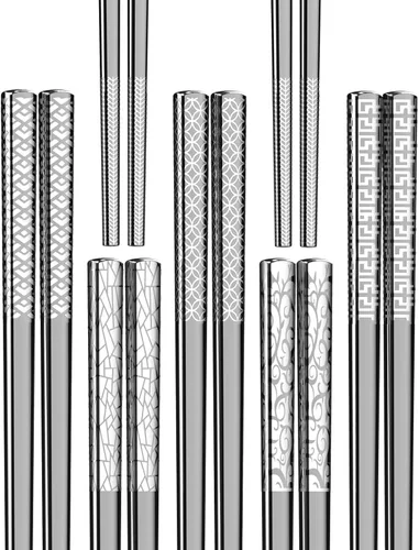 Miniatura 10 de FOFAYU Palillos de metal reutilizables, 5 pares de palillos de acero inoxidable multicolor, aptos para lavavajillas, cuadrados, ligeros