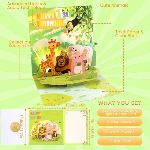 Miniatura 6 de Ecloverlife Tarjetas de primer cumpleaños para niños y niñas, tarjetas desplegables con luces coloridas y música de feliz cumpleaños, regalos