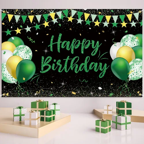 Miniatura 2 de Cartel de fondo de feliz cumpleaños verde dorado y negro para niños, hombres y mujeres, aniversario, fiesta de cumpleaños, fotos, fondo de cabina