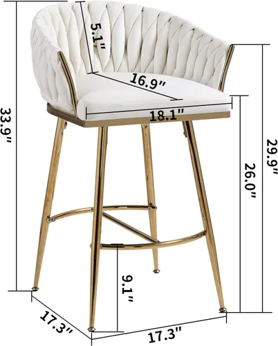 Miniatura 2 de Taburete de bar de 26 pulgadas de altura de mostrador, taburete de bar de terciopelo para isla de cocina, con respaldo ondulado, base cromada dorada