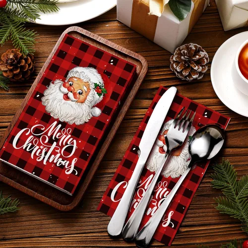 Miniatura 3 de Karenhi 200 servilletas de papel de Navidad de 2 capas de Papá Noel, toallas de mano desechables para baño, servilletas de invitados de búfalo a