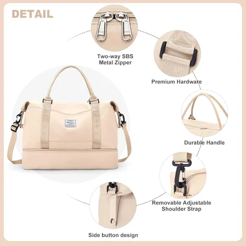 Miniatura 6 de Bolsas de fin de semana para mujer, bolsas de viaje con compartimento para zapatos, Beige, Bolsa de viaje+neceser
