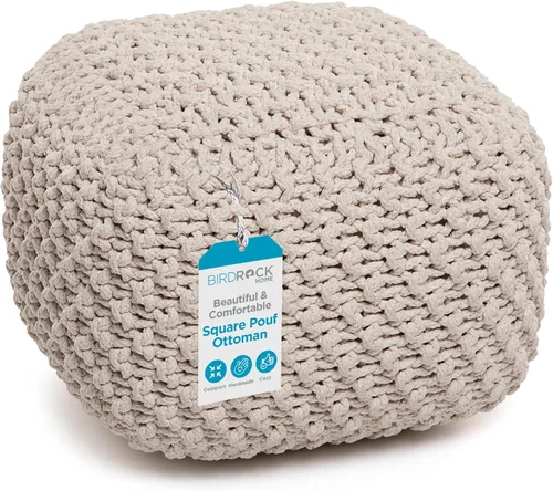Miniatura 11 de BIRDROCK HOME - Puf otomano cuadrado Taburete de pie trenzado de algodón con relleno de bolsa de frijoles Reposapiés bohemio para sala de estar